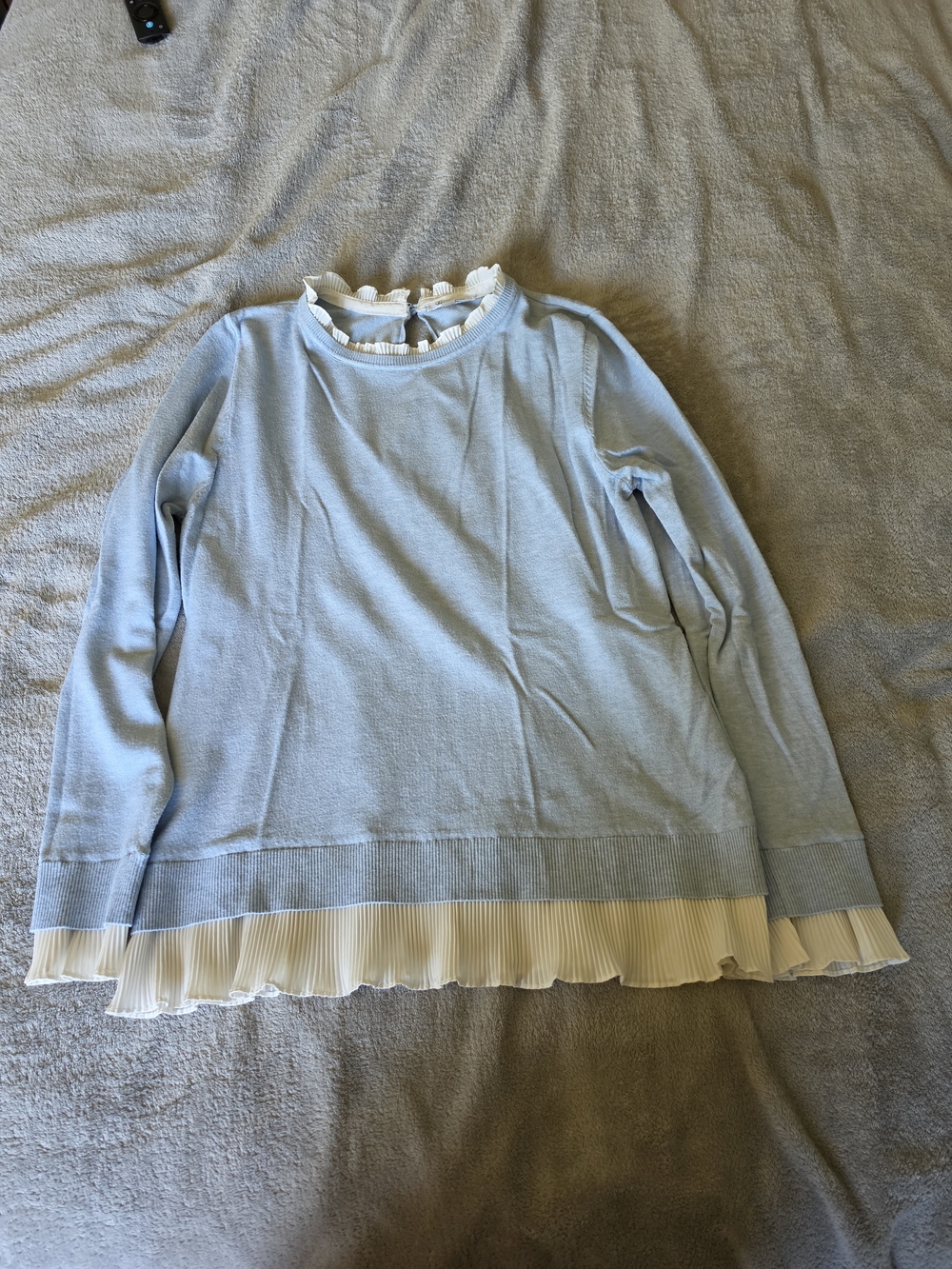 Light Blue Crewneck Sweater with Cream Pleated Trim